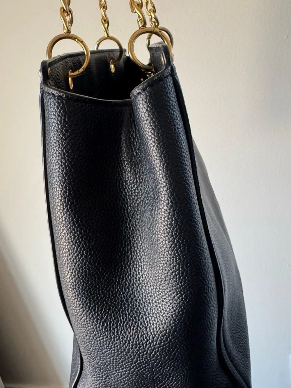 Tory Burch Black Pebbled Leather Tote with Gold Logo and Chain Straps